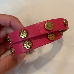Pink double wrap leather Tory Burch bracelet